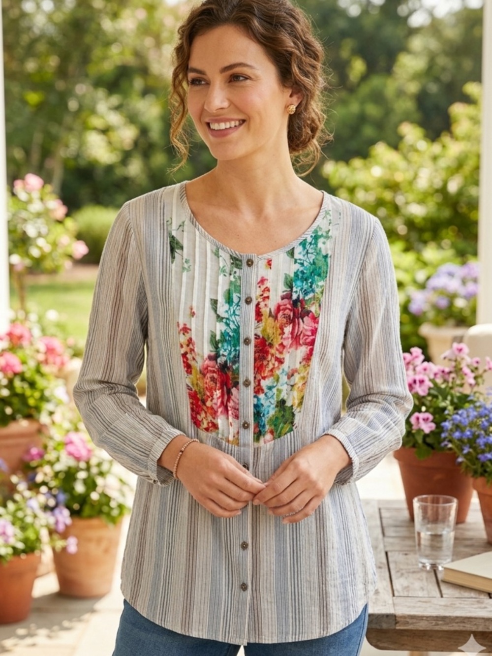 Soft Surroundings Fleur Stripe Floral Top Garden Ditzy Floral Pin tucked BlouseL